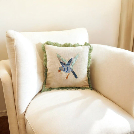 GREEN BIRD FRILL CUSHION COVER