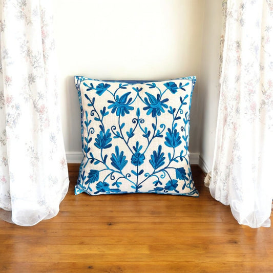 Cushion Cover Jute, Blue Kashmiri Embroidery