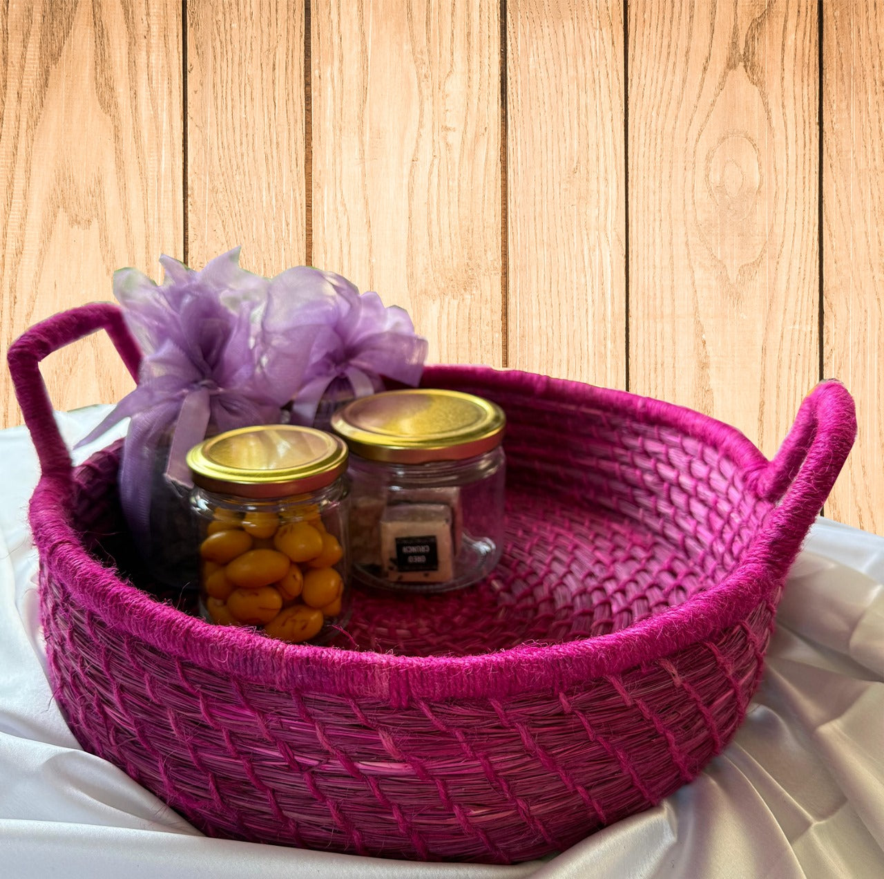 Solid Pink Handcrafted sabai Grass Hand woven Organiser with Handle