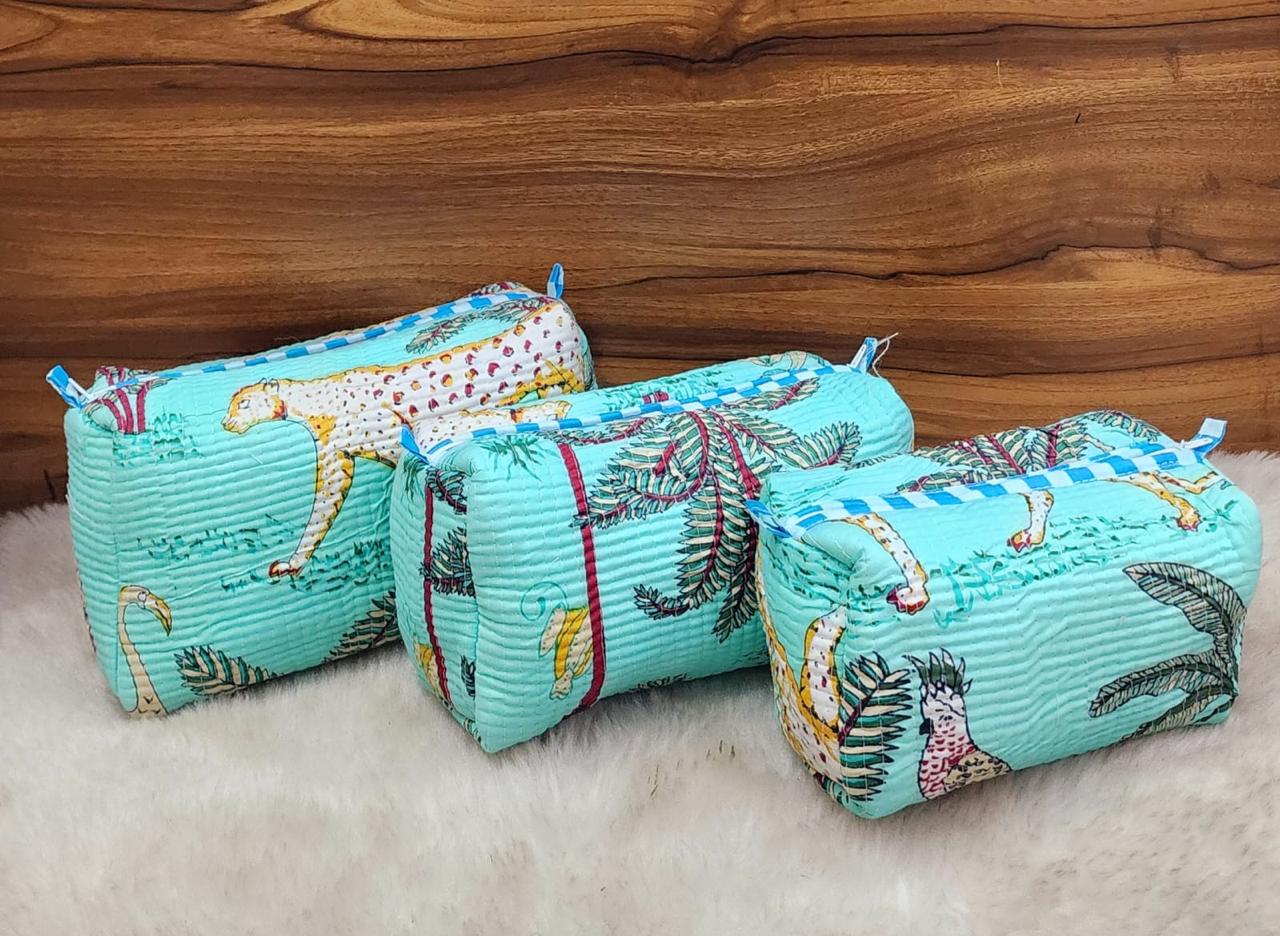 Green Animal Print Handblock Travel Pouch Organizer Set of 3