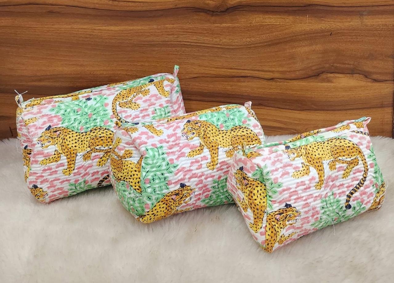 Pink Animal Print Handblock Travel Pouch Organizer Set of 3