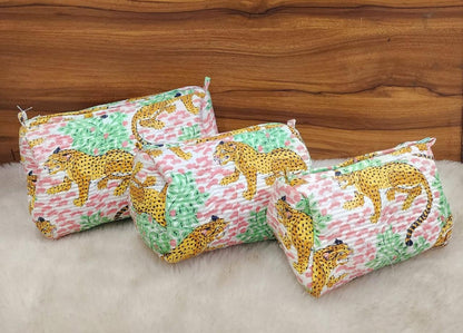 Pink Animal Print Handblock Travel Pouch Organizer Set of 3
