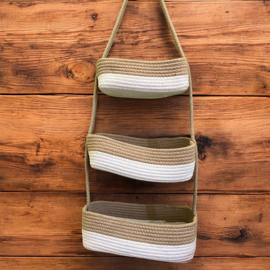 3-Tier Jute Wall Hanging Storage Basket organizer - Beige White