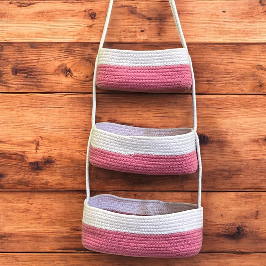 3-Tier Jute wall Hanging Storage Basket organizer - Pink White