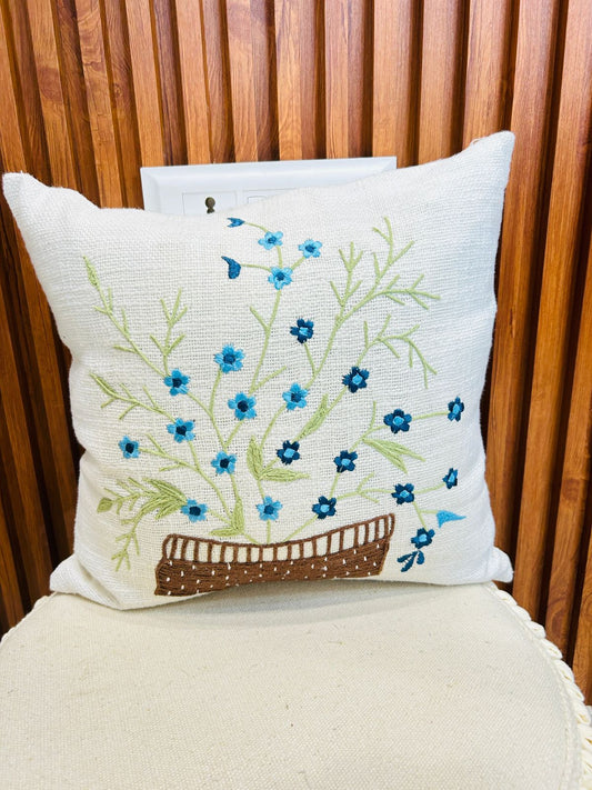 Mini blue flower jute cotton cushion cover