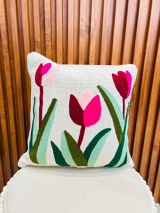 Tulip jute cotton embroidery cushion cover