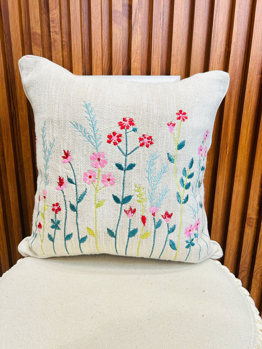 Mini red flower jute embroidery cushion cover