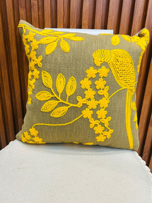 Yellow Bird Jute Cotton Cushion cover