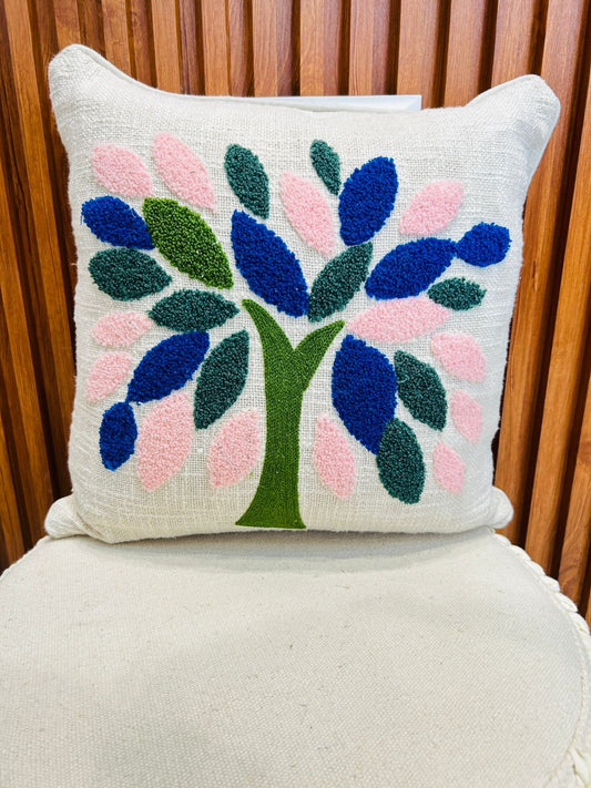 Colourful tree jute cotton cushion cover