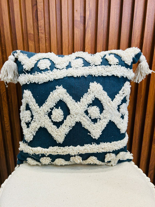 Blue Tassle Boho Jute Cotton Cushion Cover