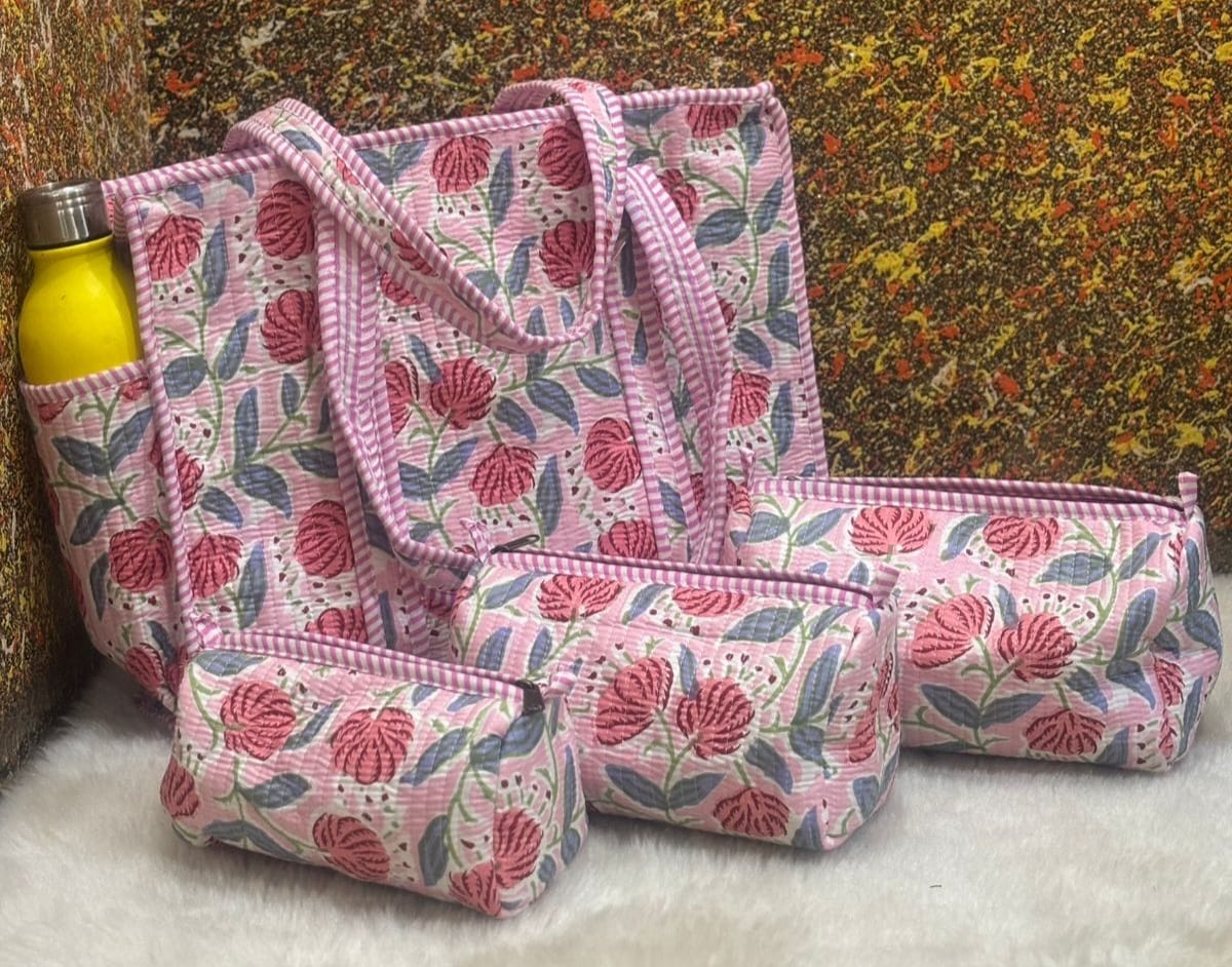 Pastel Pink Tote Bag with Set of 3 Pouches