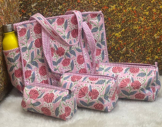 Pastel Pink Tote Bag with Set of 3 Pouches
