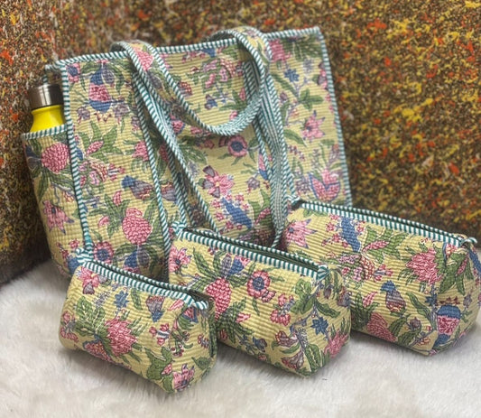 Pastel Yellow Tote Bag with set of three pouches
