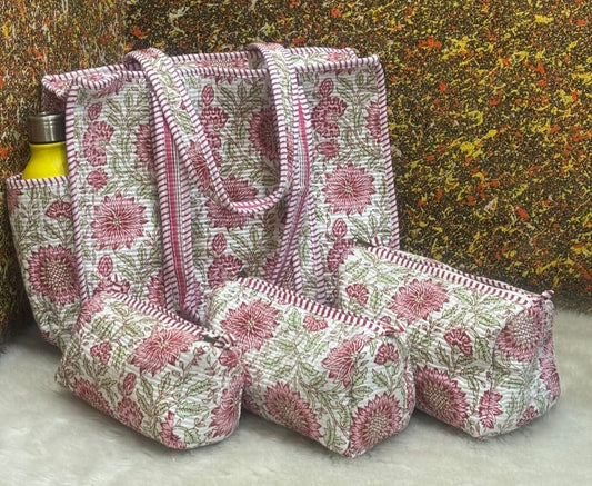 White and Pink tote Bag with set of three pouches