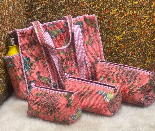Pastel Peach tote bag with three pouches