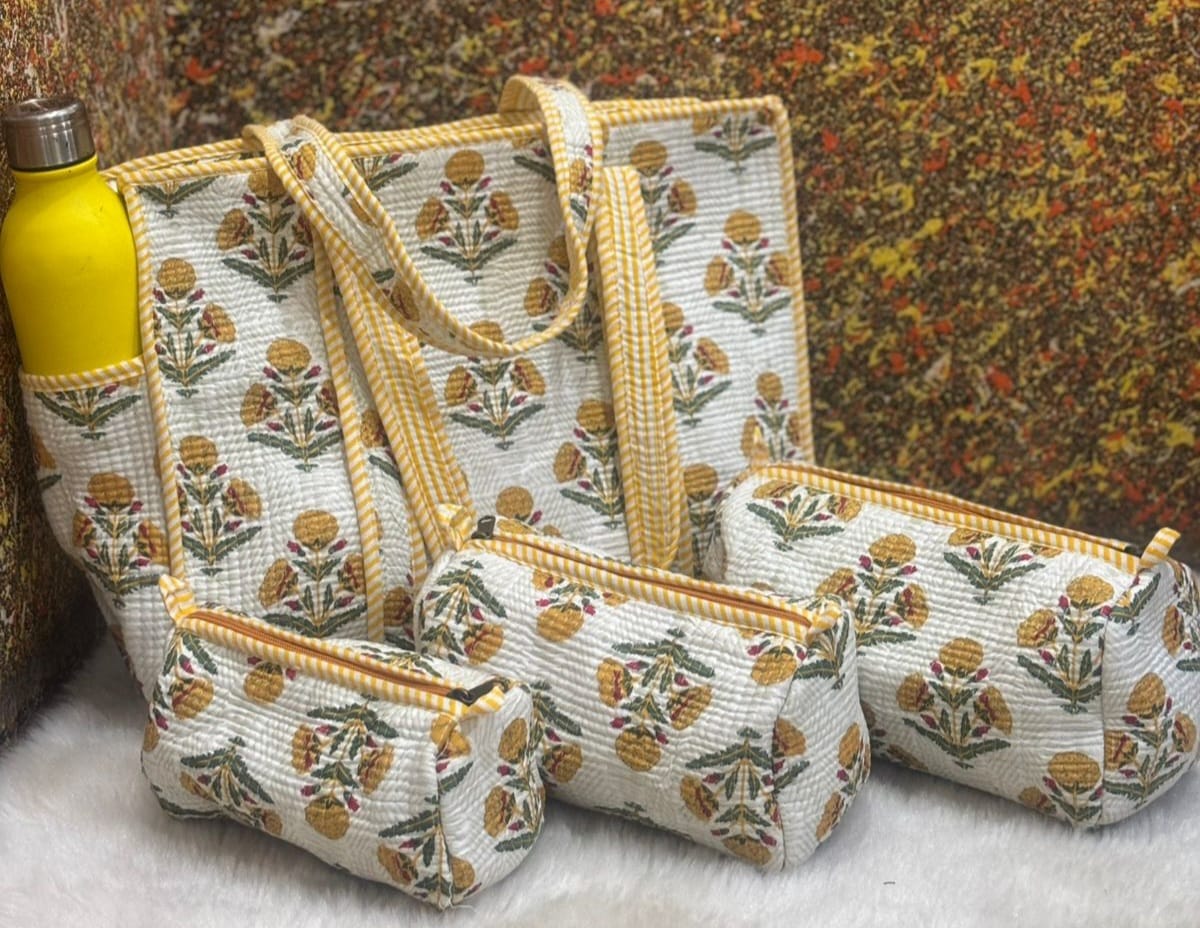 Yellow sunflower tote bag with a set of 3 pouches