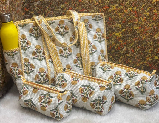 Yellow sunflower tote bag with a set of 3 pouches