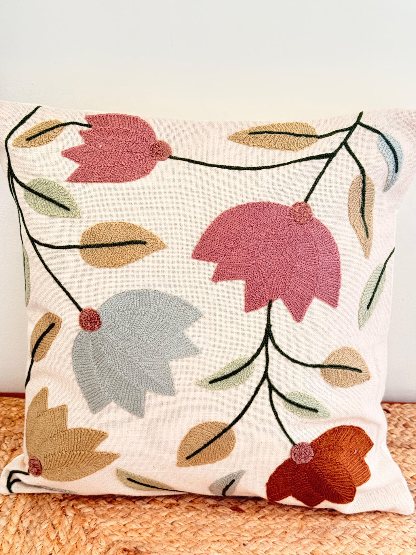 Pastel Multicolour Embroidery Cushion Cover – Handcrafted Decorative Pillow Cover for Elegant Interiors