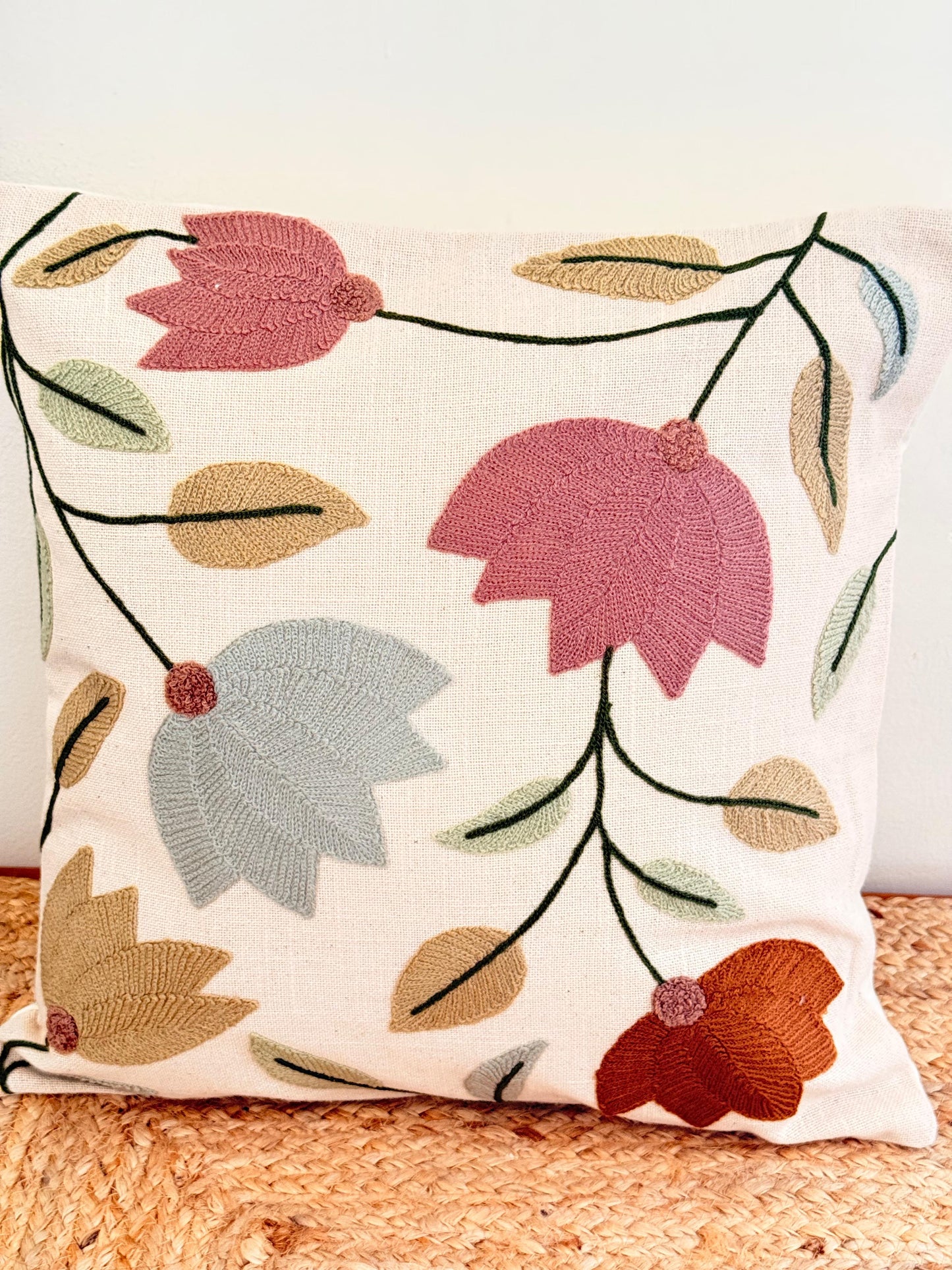 Pastel Multicolour Embroidery Cushion Cover – Handcrafted Decorative Pillow Cover for Elegant Interiors