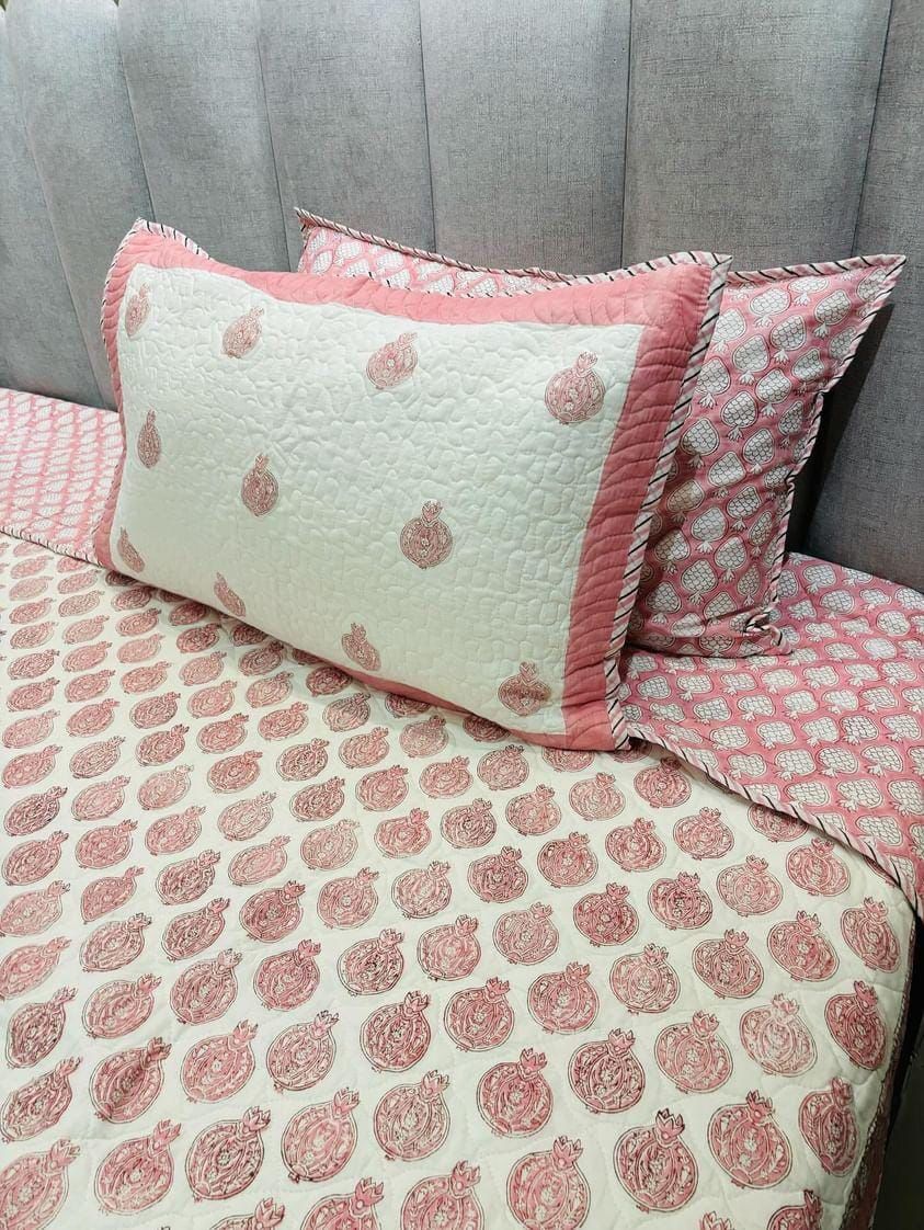 Pink Strawberry Handblock Quilted Reversible Bedcover with 2 Pillow Covers – Charming and Eco-Friendly Bedroom Décor