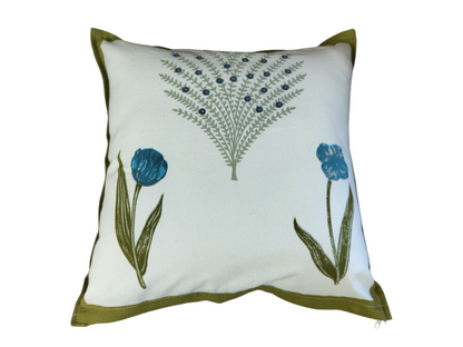 Green and White Quilted Handblock Cushion Covers – Set of 2