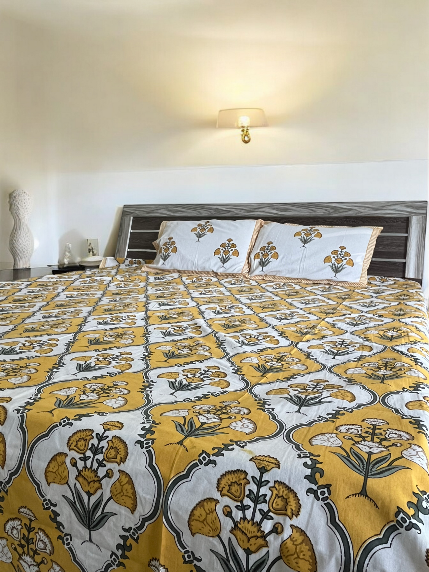 Handblock Yellow and White Patchwork Double Bedsheet
