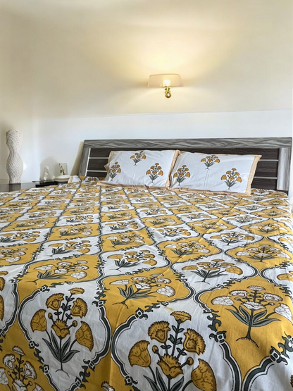 Handblock Yellow and White Patchwork Double Bedsheet