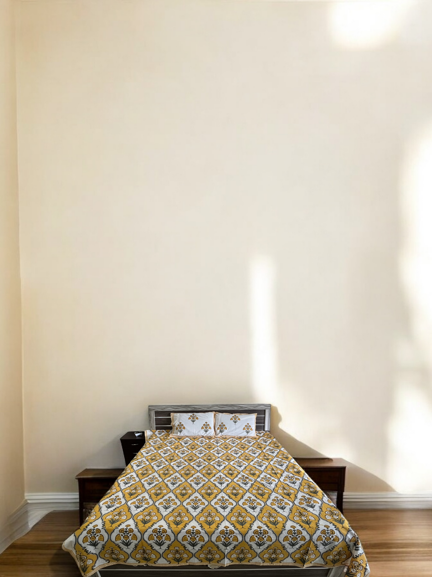 Handblock Yellow and White Patchwork Double Bedsheet