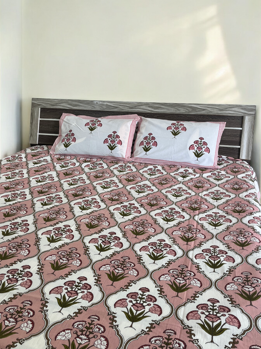 Handblock Peach Floral Double Bedsheet