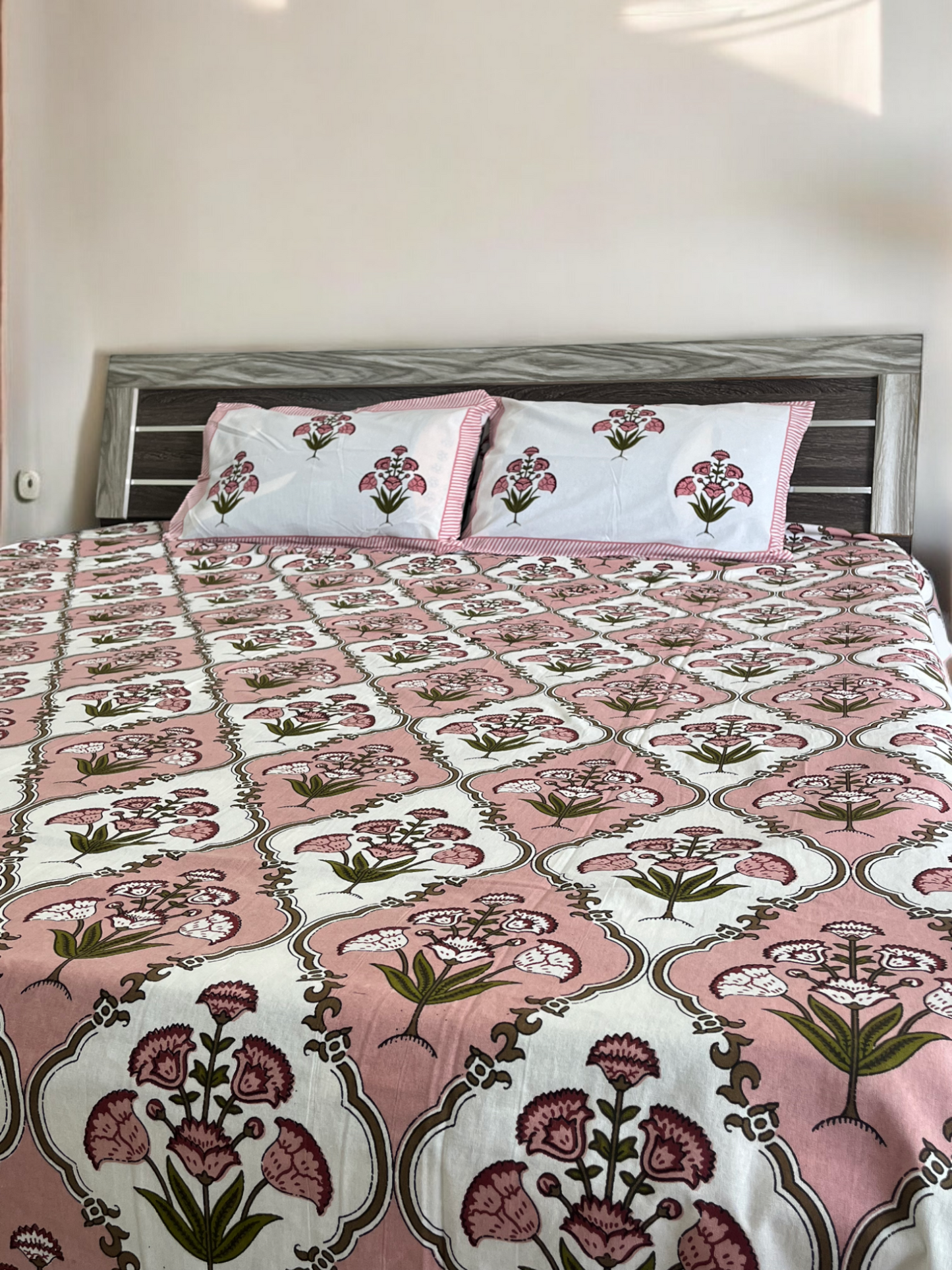 Handblock Peach Floral Double Bedsheet