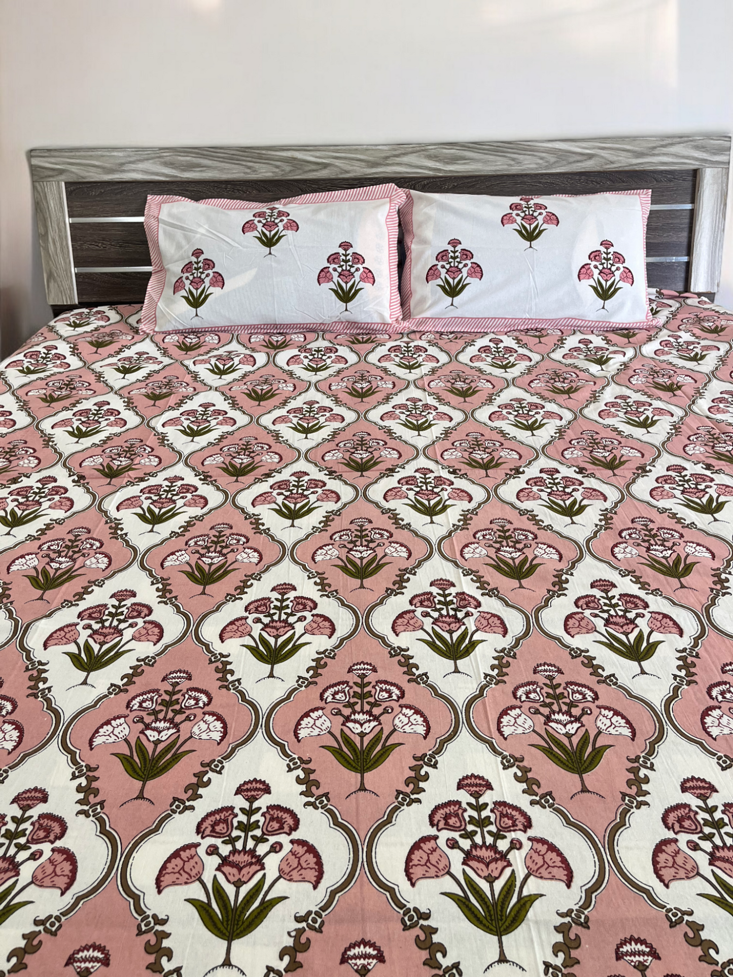 Handblock Peach Floral Double Bedsheet