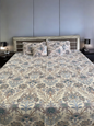 Blue Floral Print Double Bedsheet with 2 Frill Pillows and 2 Cushions