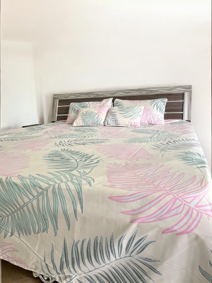 Pastel Pink and Green Double Bedsheet with 2 Frill Pillows and 2 Cushion Covers
