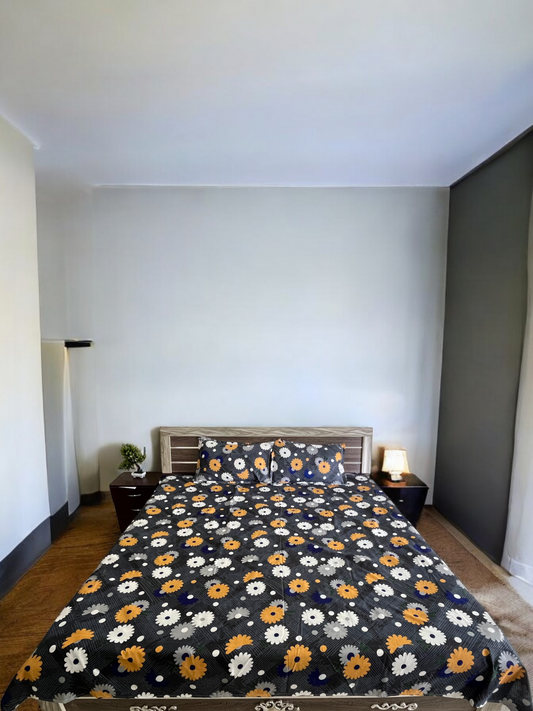 Yellow Floral Double Bedsheet with 2 Pillow Cover