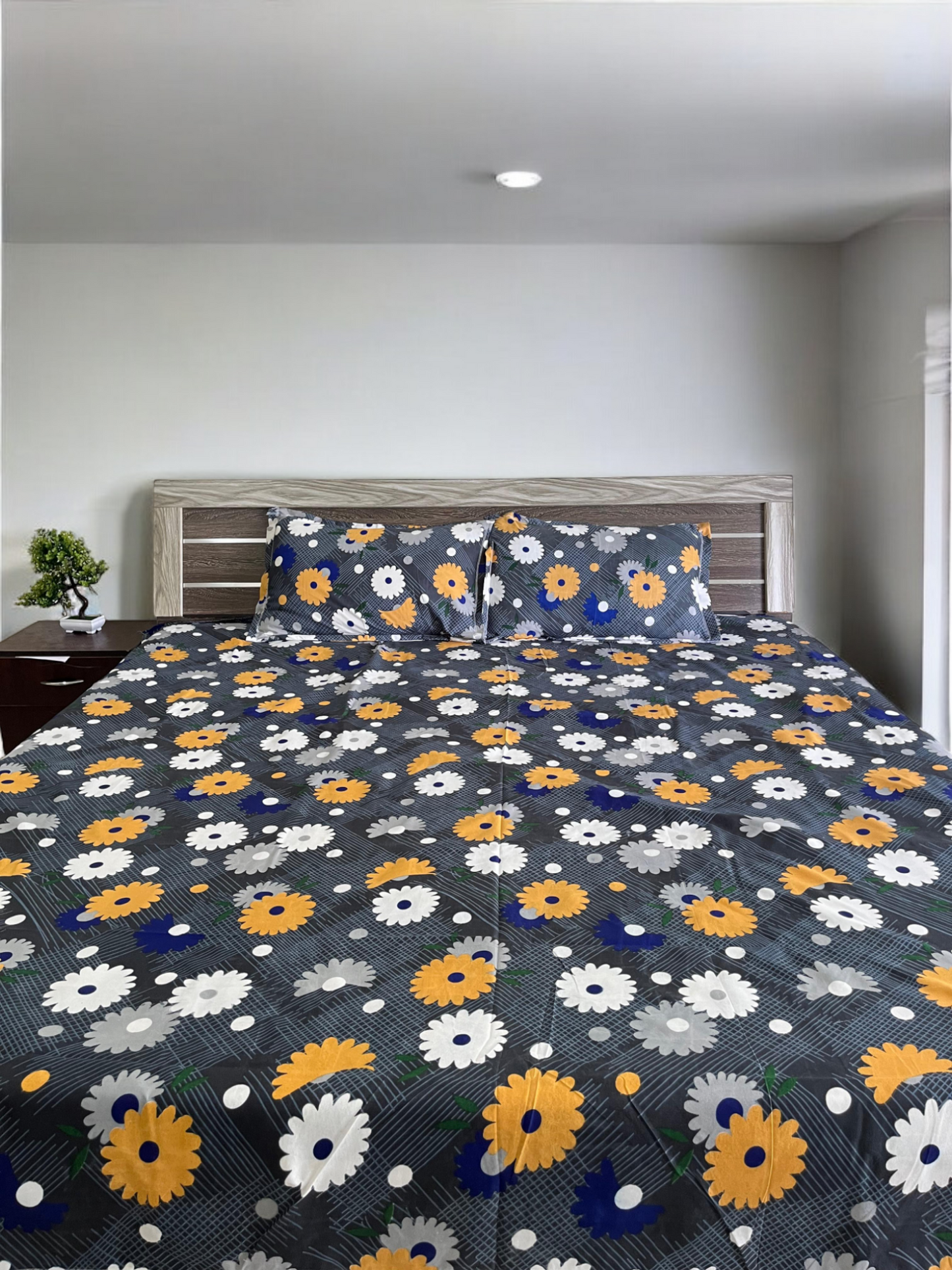 Yellow Floral Double Bedsheet with 2 Pillow Cover