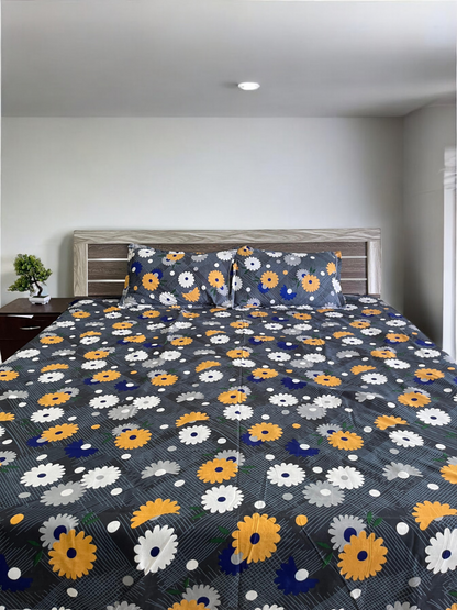 Yellow Floral Double Bedsheet with 2 Pillow Cover