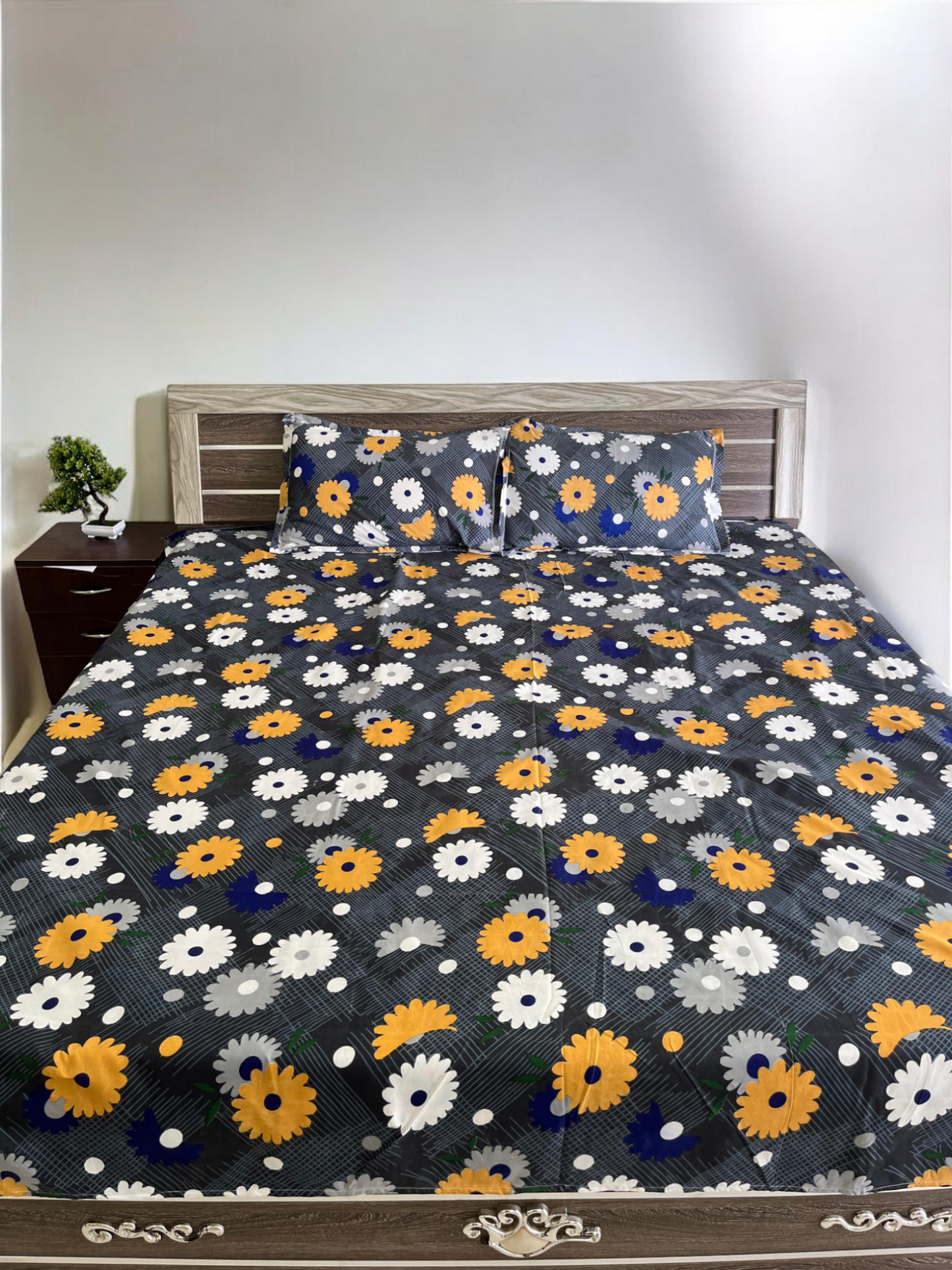 Yellow Floral Double Bedsheet with 2 Pillow Cover