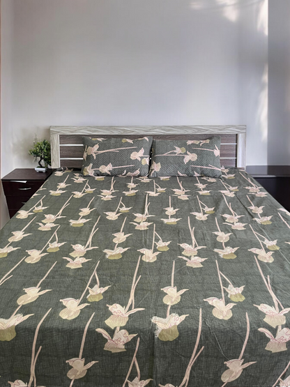 Green Floral Double Bedsheet with 2 Quilted Pillows Covers