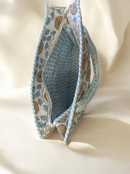 BLOCK N STYLE White Floral Cotton Printed Tote Bag – Hand Block Quilted Floral Carry Bag for Women