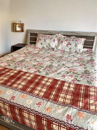 Floral and Check Double Bedsheet with 2 Pillow Cover