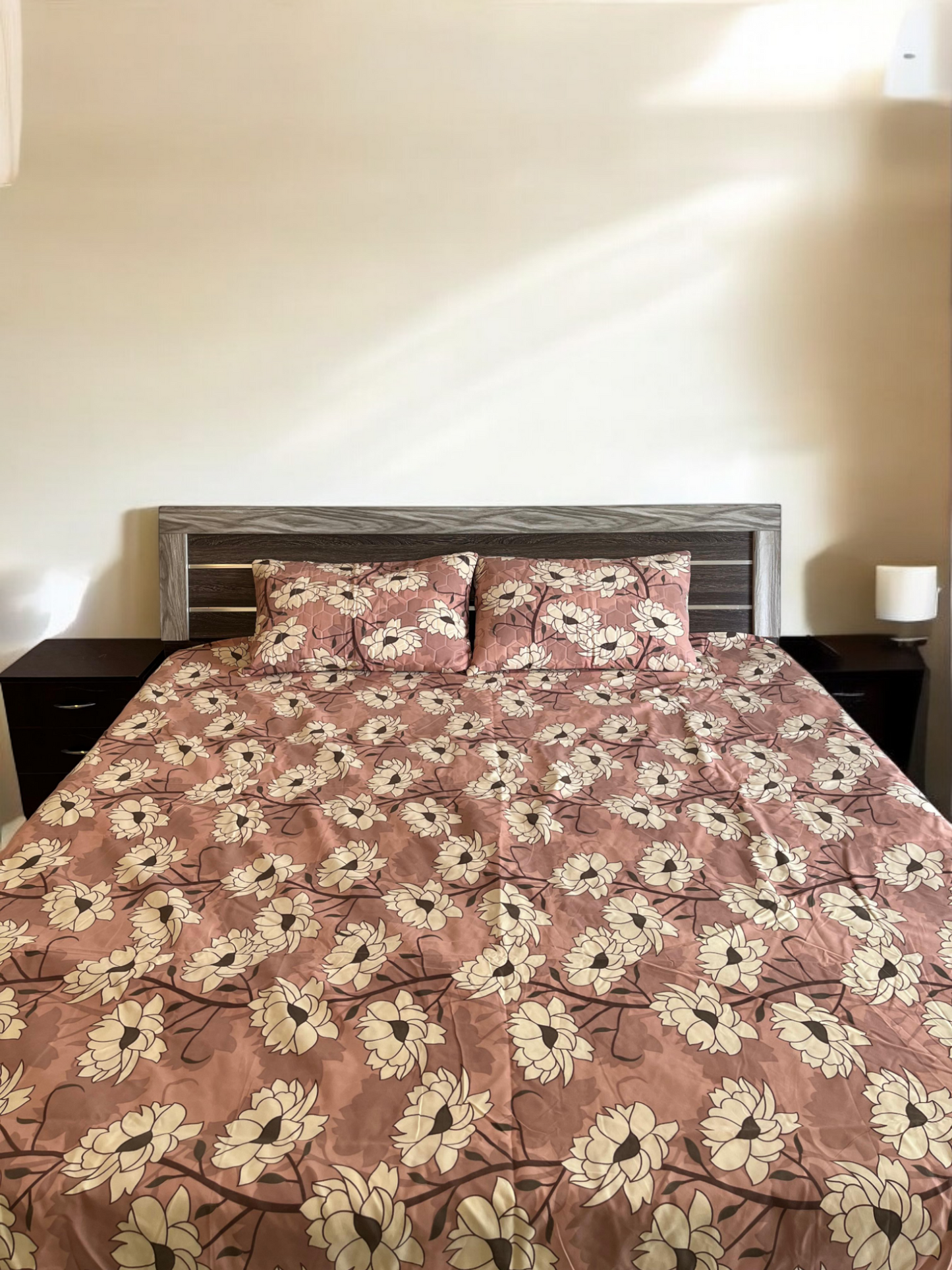 Beige Flower Double Bedsheet with 2 Quilted Pillows Covers