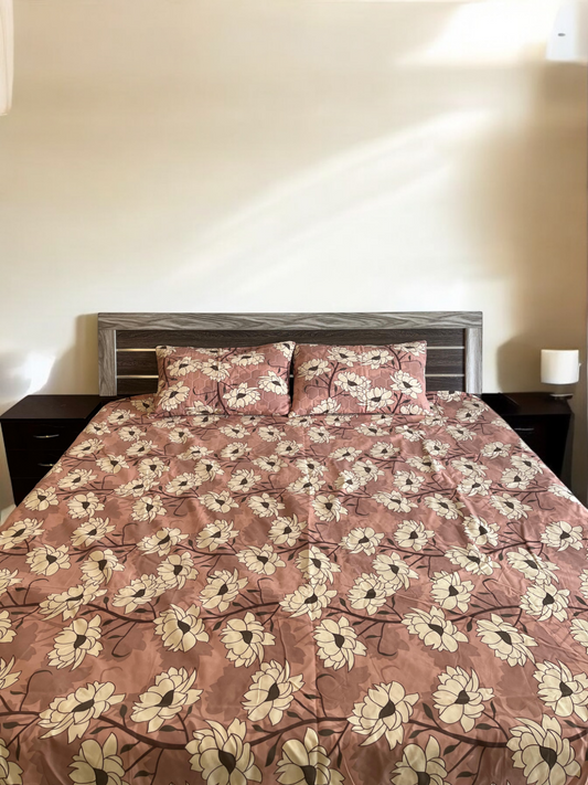 Beige Flower Double Bedsheet with 2 Quilted Pillows Covers