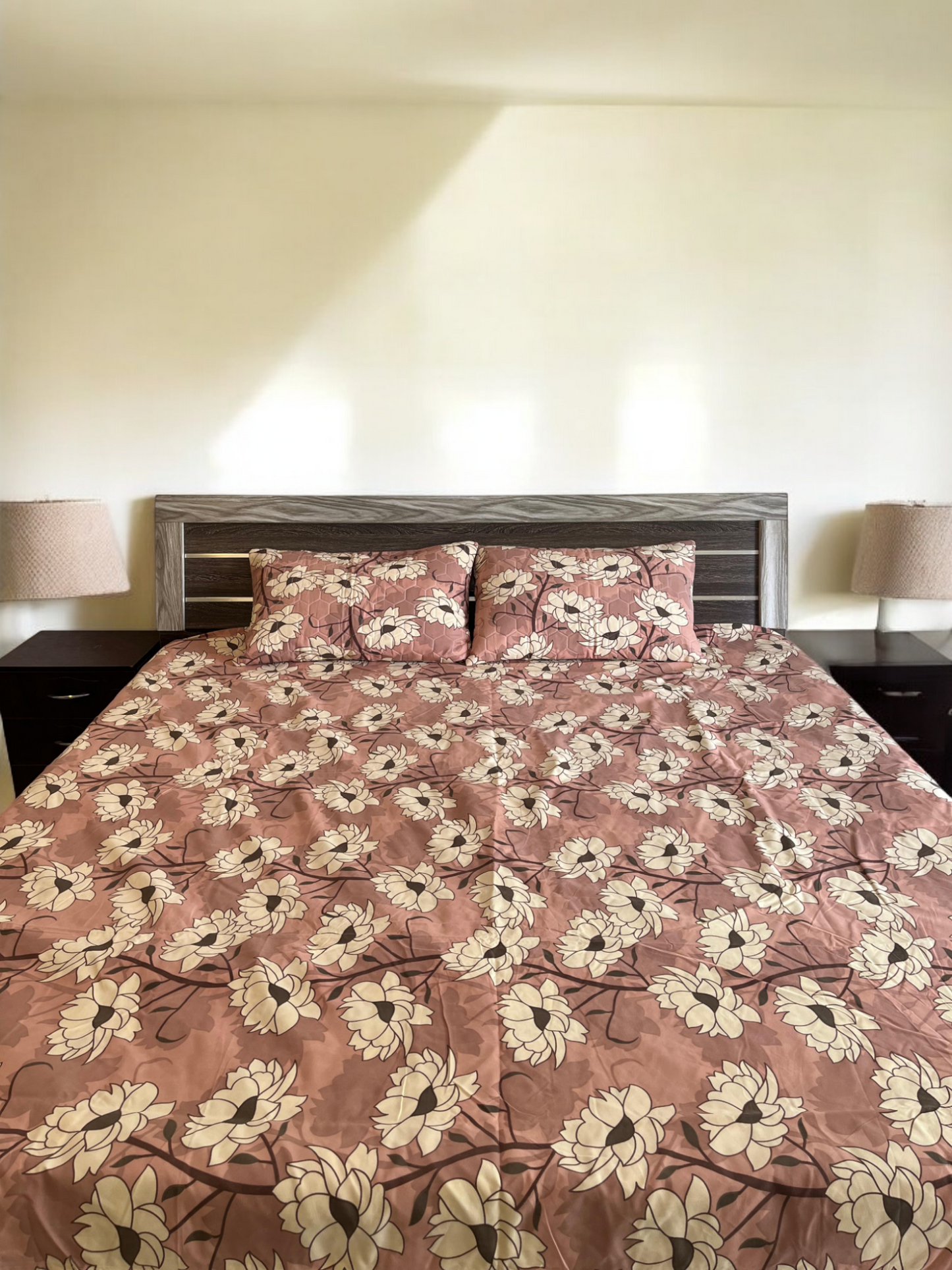 Beige Flower Double Bedsheet with 2 Quilted Pillows Covers