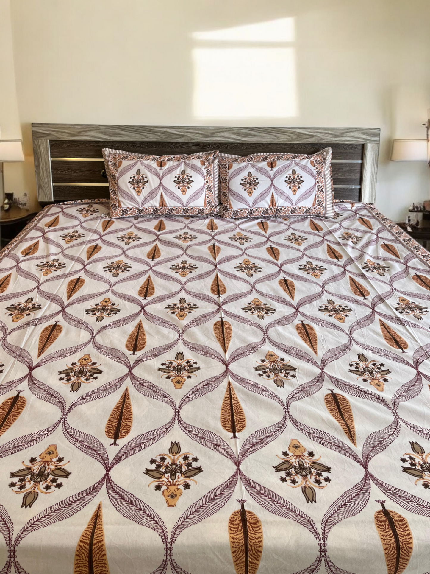 Brown Floral Abstract Double Bedsheet with 2 Pillow Cover
