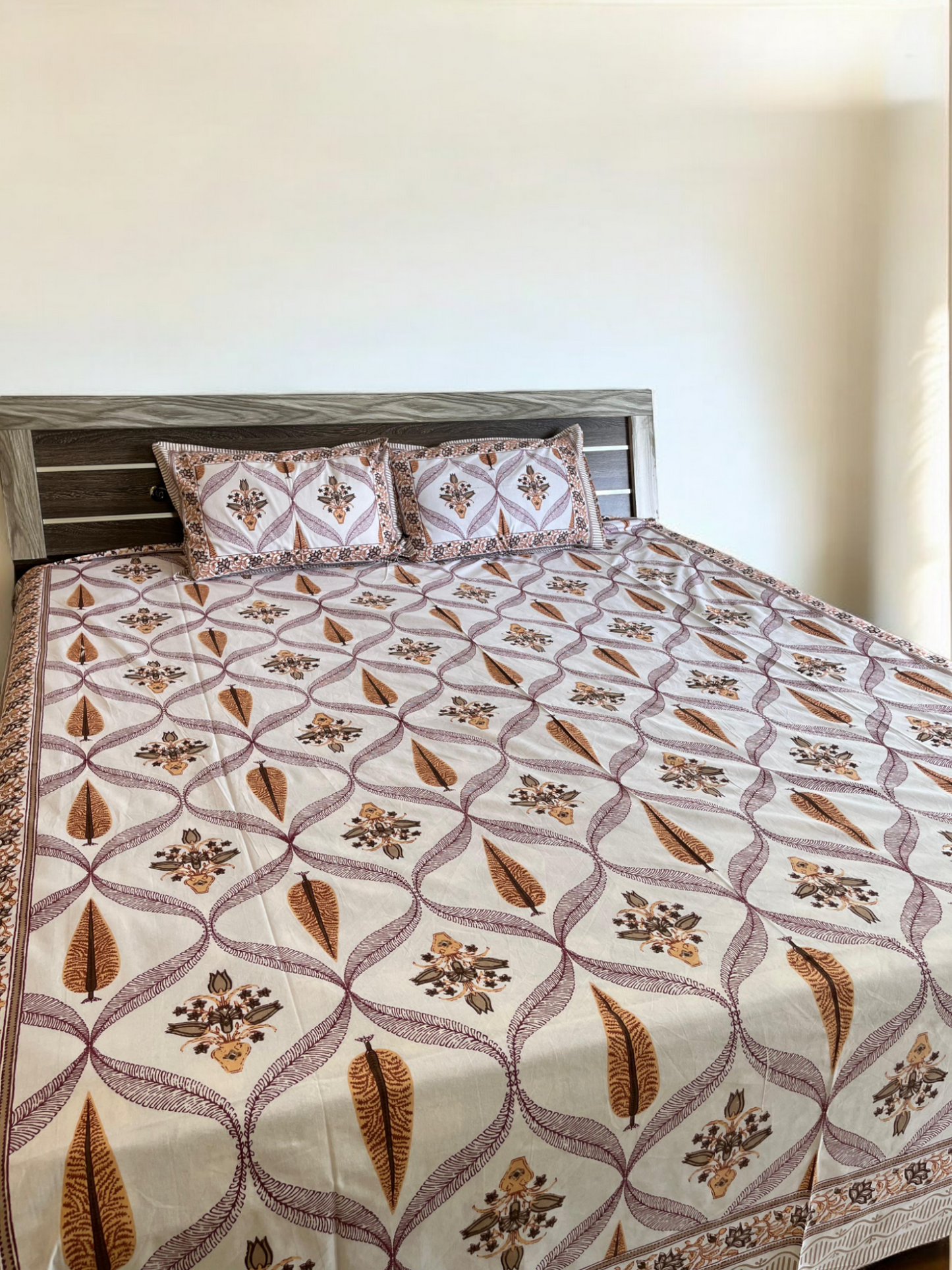 Brown Floral Abstract Double Bedsheet with 2 Pillow Cover