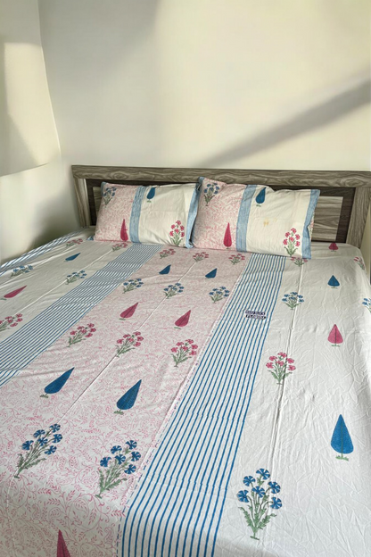 Handblock Printed Blue Stripes Double Bedsheet
