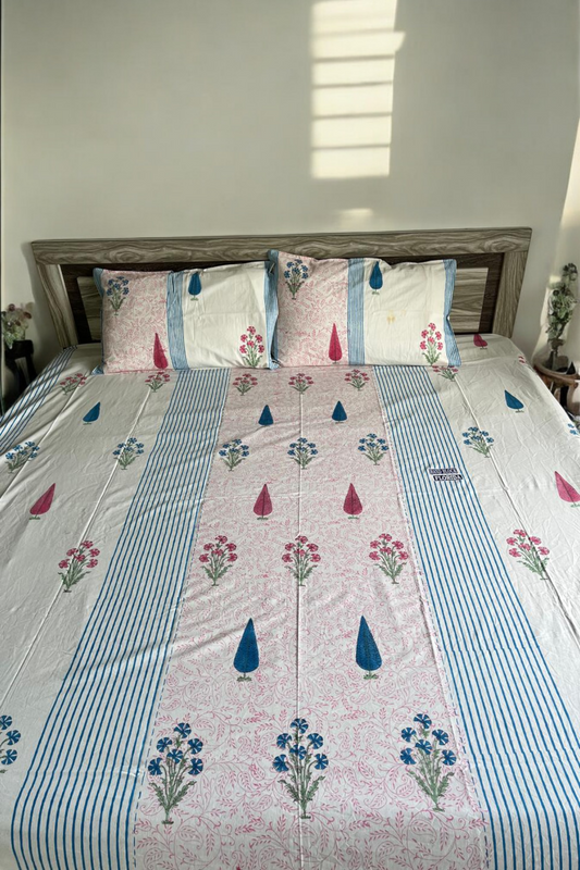 Handblock Printed Blue Stripes Double Bedsheet