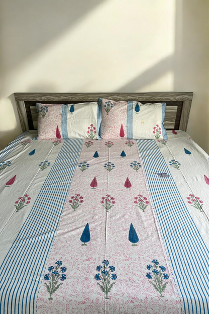 Handblock Printed Blue Stripes Double Bedsheet