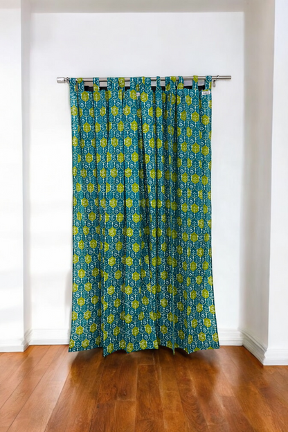 Green Floral Handblock Print Curtains