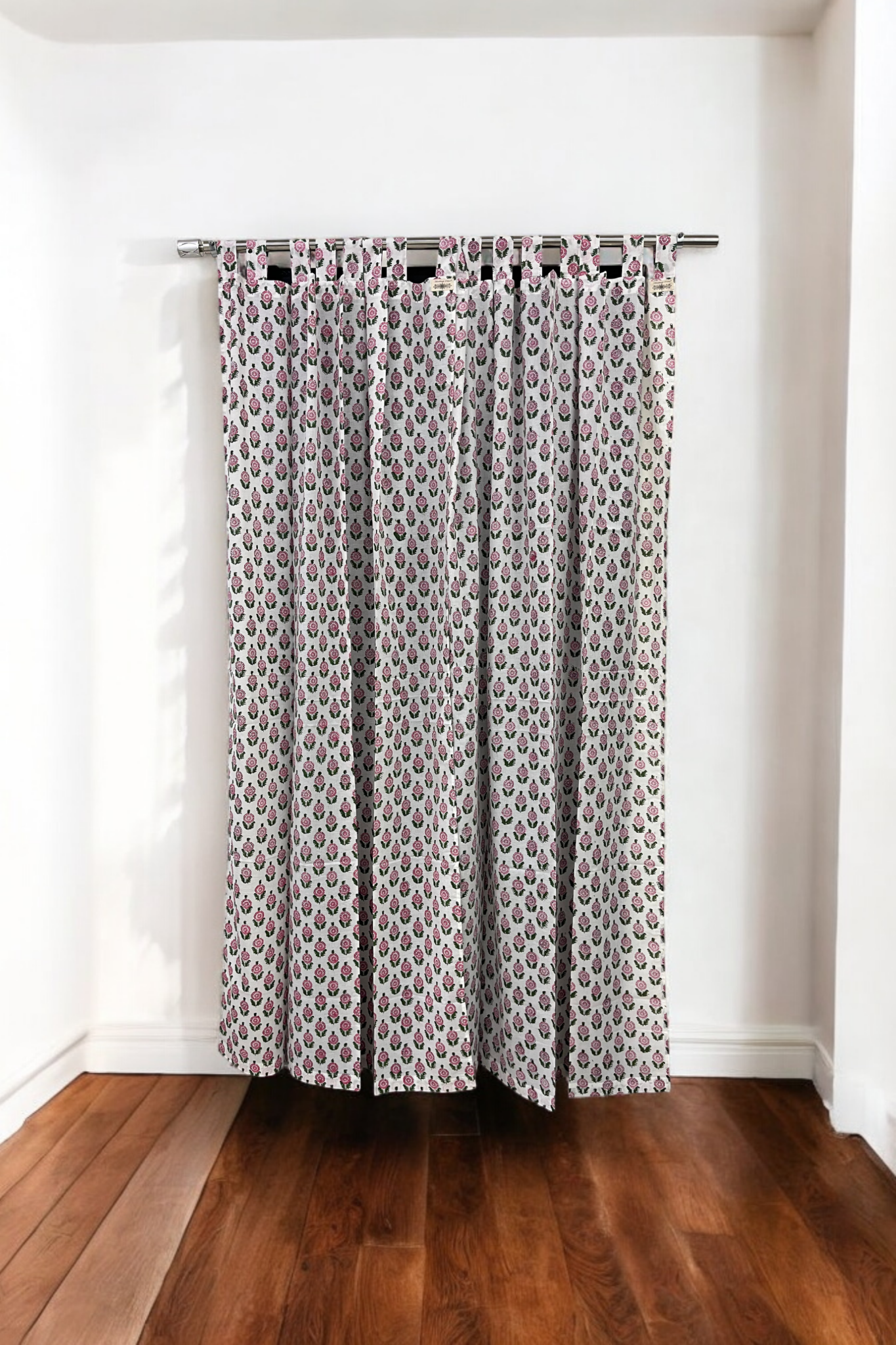 White Pink Floral Handblock Print Curtains